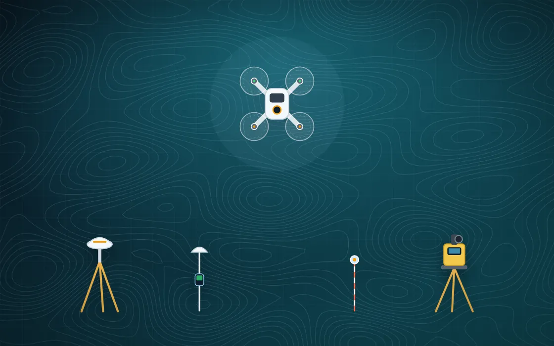 Survey drone, DGPS receiver and total station